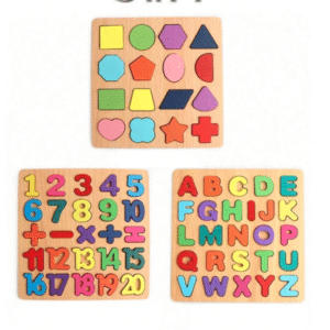 3-in-1 Wooden Learning Puzzles – Shapes, Numbers & Alphabet